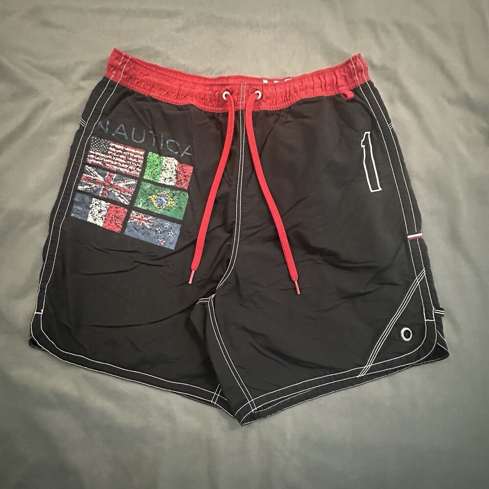 Vintage Nautica Board Shorts Mens L 100% Nylon International Flags Graphic USA